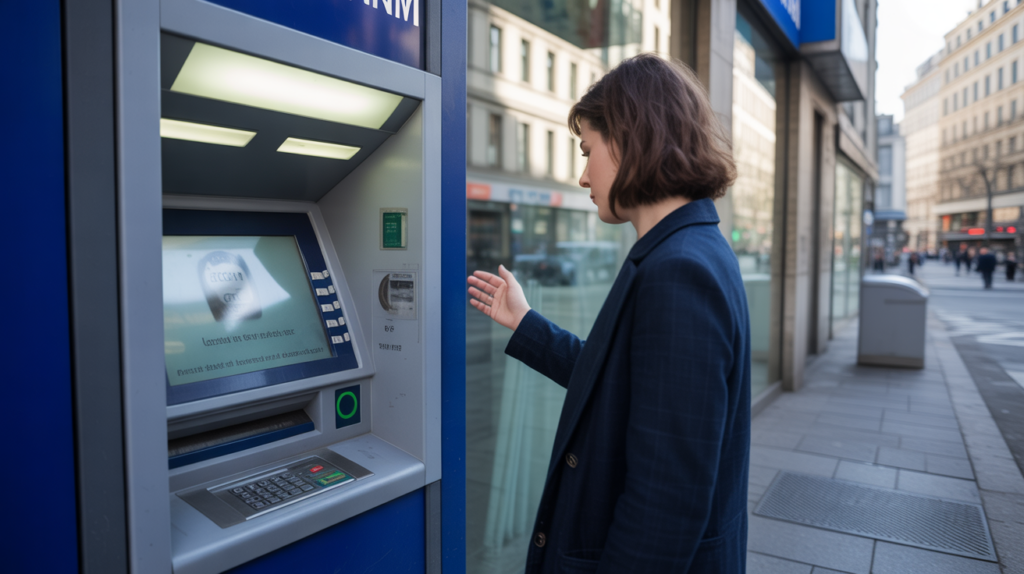 Personne inquiète devant un distributeur de banque réel après que sa carte a été avalée, dans une scène de rue naturelle et détaillée.