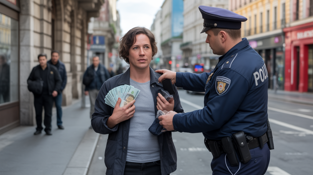 Scène de rue réaliste en Europe montrant une personne tenant discrètement de l'argent liquide lors d'un contrôle policier.