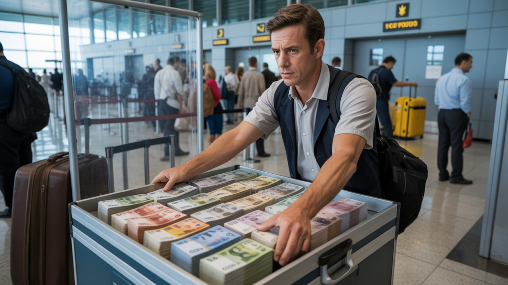 Scène réaliste dans un poste de douane d’aéroport où un agent contrôle une somme importante d’argent liquide déposée sur un plateau transparent.