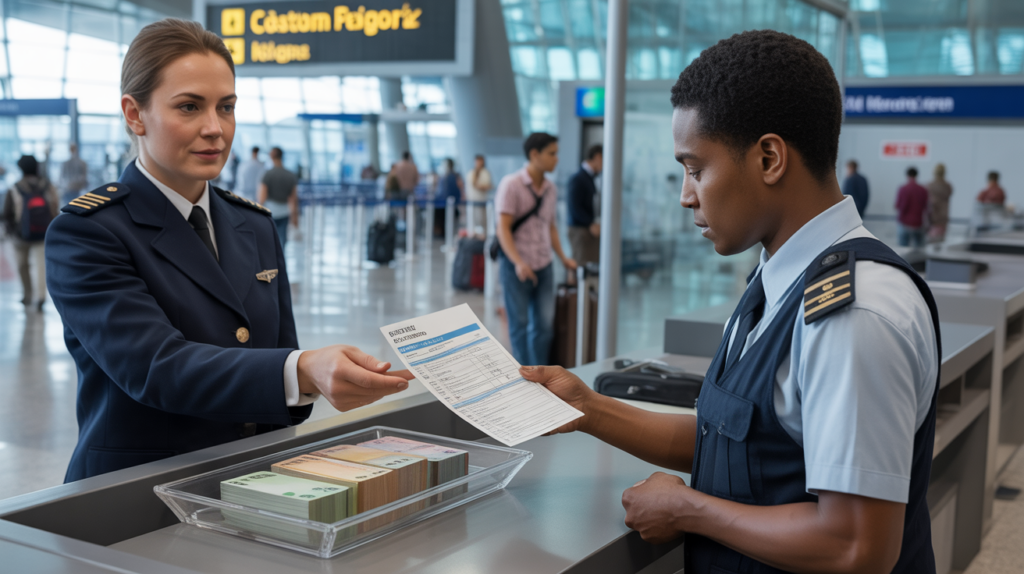 Scène réaliste dans une zone de douane d’aéroport où un voyageur remet un formulaire de déclaration d’argent liquide à un agent des douanes.