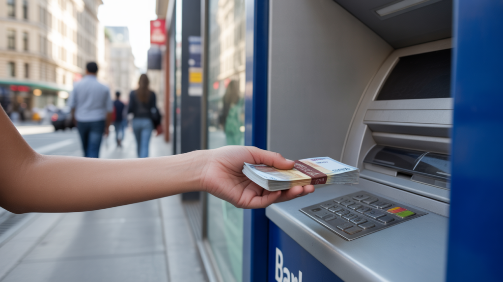 Personne déposant des billets dans un distributeur bancaire réel en pleine rue, scène naturelle et réaliste.