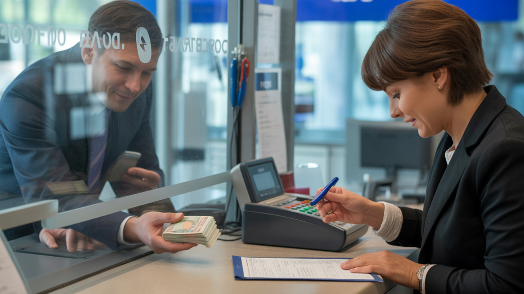 Scène réaliste dans une agence bancaire où un client dépose des billets au guichet, avec un employé vérifiant l’argent et remplissant un formulaire.