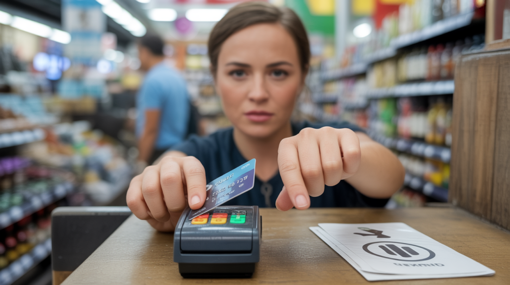 Personne tenant une carte bancaire devant un terminal de paiement dans une boutique réelle, illustrant le choix de désactiver le sans contact.