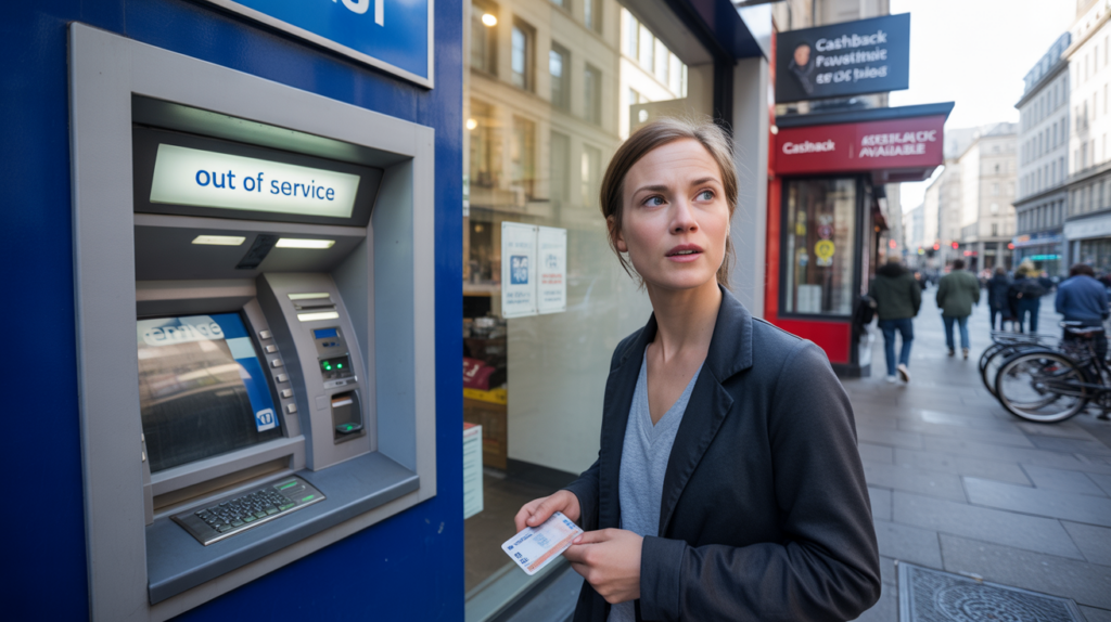 Personne devant un distributeur hors service dans une rue européenne, regardant vers une boutique proposant du cashback, scène urbaine réaliste et naturelle.
