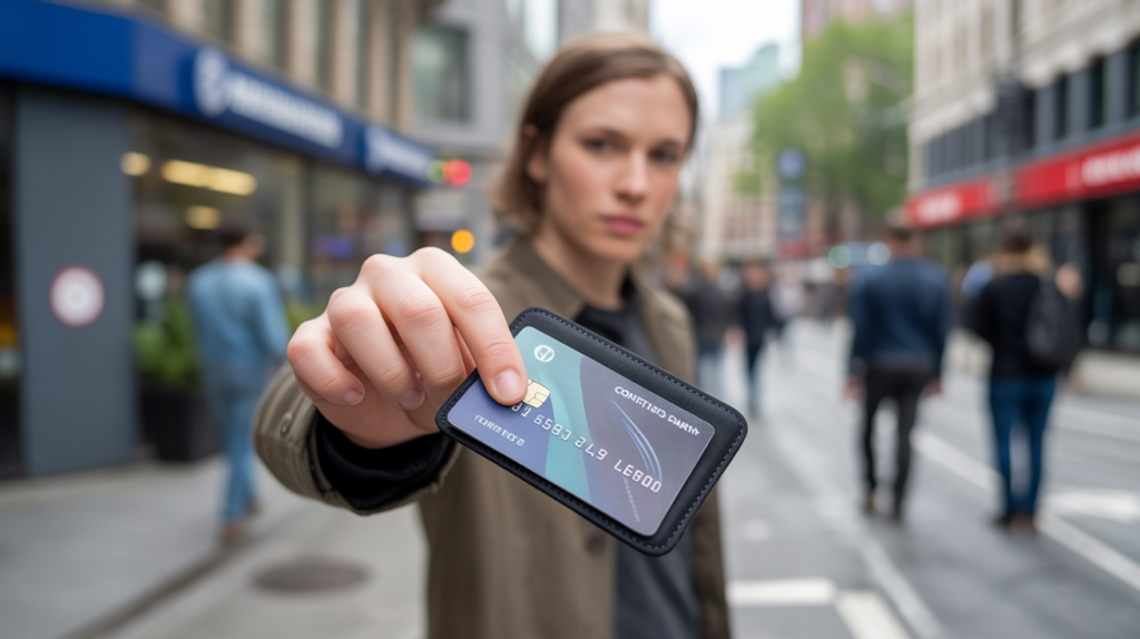 Personne insérant une carte bancaire sans contact dans un étui anti-RFID en pleine rue, avec un décor urbain réaliste et des couleurs naturelles.