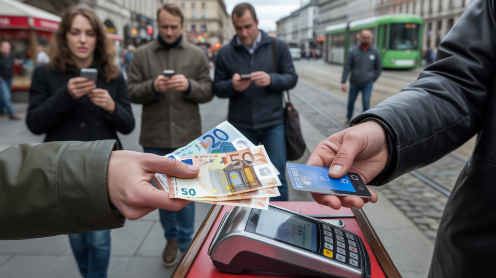 Scène réaliste dans une place européenne où un vendeur refuse des billets en montrant un terminal sans contact, illustrant la transition vers la fin de l’argent liquide.