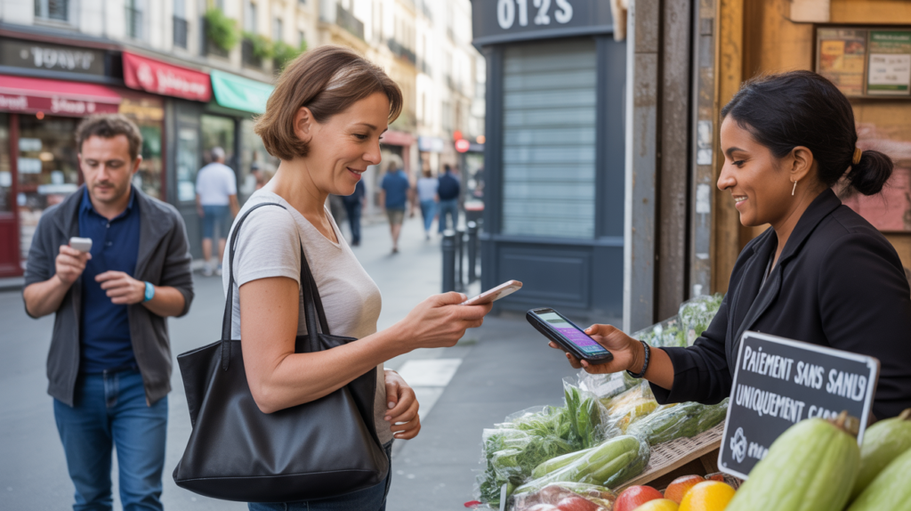 Scène de rue réaliste en France en 2026 montrant des personnes payant sans argent liquide dans un marché.