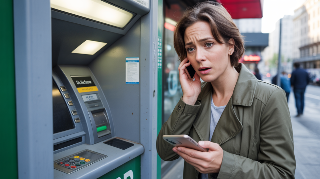 Personne inquiète devant un distributeur découvrant un dispositif suspect, prête à appeler sa banque dans une scène réaliste et urbaine.