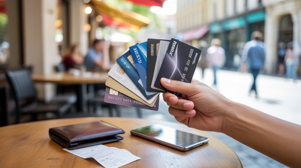 Main en gros plan tenant plusieurs types de cartes bancaires sur une table de café avec accessoires du quotidien dans un décor réaliste.