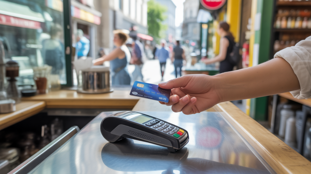 Scène réaliste d’un paiement sans contact dans un café local, montrant une main tenant une carte bancaire et un terminal moderne dans un environnement authentique et naturel.