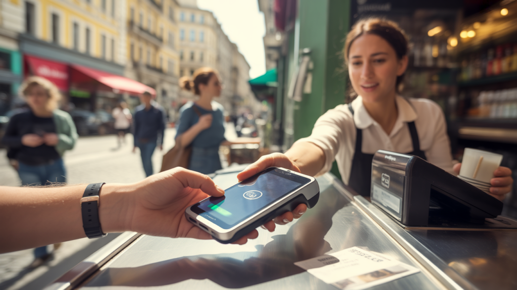 Personne payant sans contact avec un smartphone dans un café européen, scène de rue réaliste et naturelle.