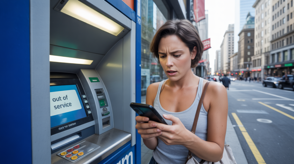 Personne préoccupée devant un distributeur de billets en panne dans une rue citadine, consultant son téléphone pour trouver une solution.