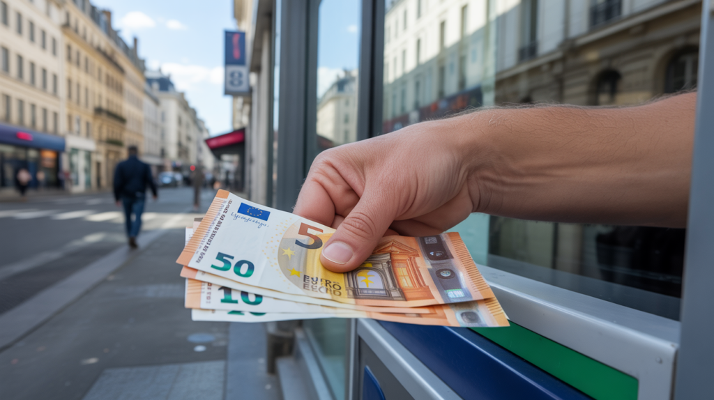 Scène réaliste d’une personne retirant des euros à un distributeur devant une banque française, avec un décor urbain authentique.