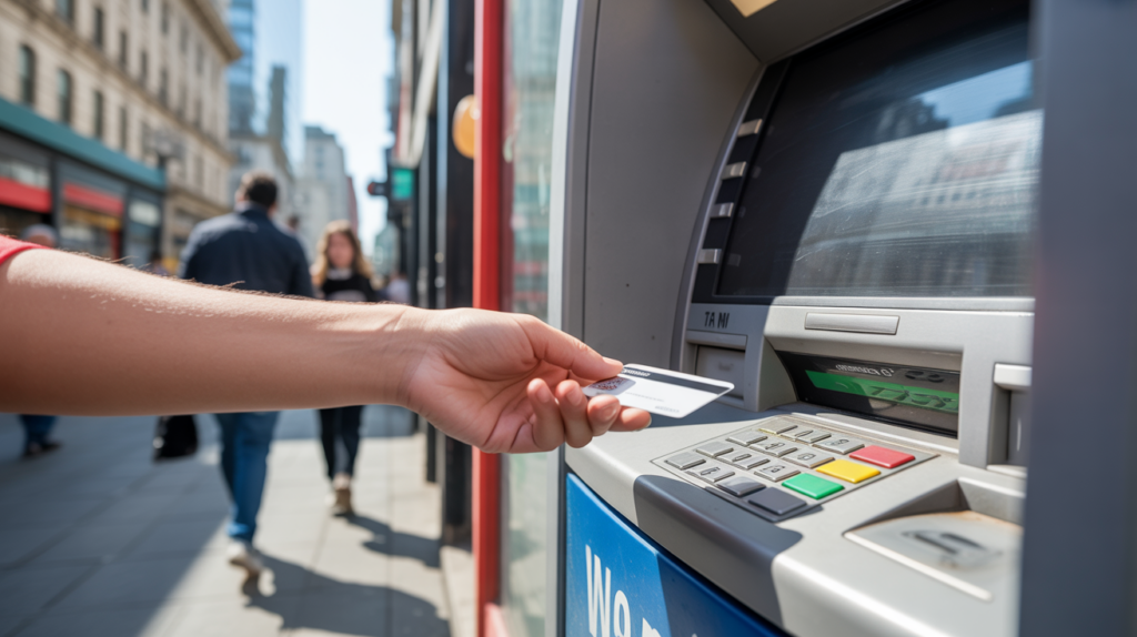 Personne utilisant un distributeur automatique en ville avec une carte bancaire, scène réaliste et naturelle