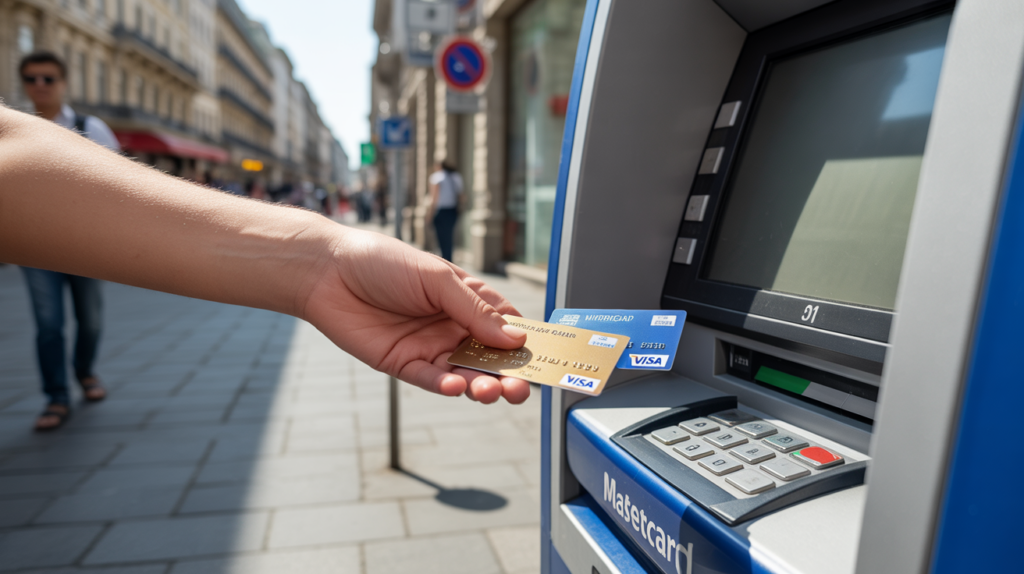 Voyageur retirant de l’argent à un distributeur européen avec une carte Visa et une carte Mastercard visibles dans une scène réaliste et naturelle.
