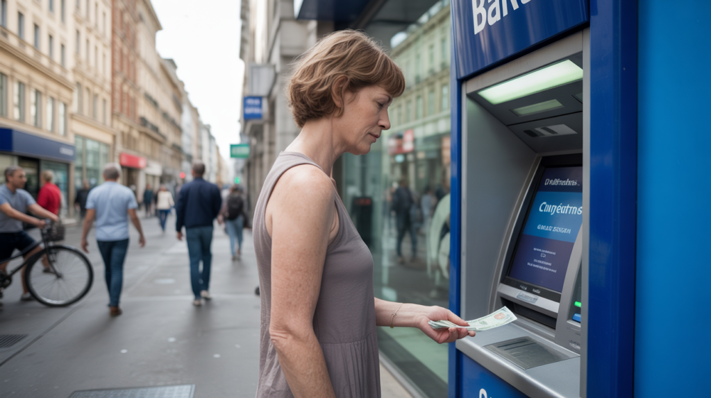 Scène réaliste d’un client retirant de l’argent à un distributeur devant une vraie banque européenne en 2026, dans une rue animée et authentique.