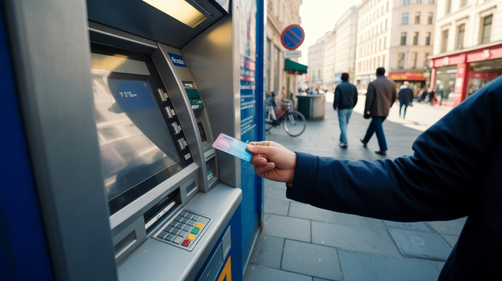 Personne retirant de l'argent à un distributeur en ville avec une carte Revolut dans une scène réaliste et naturelle.