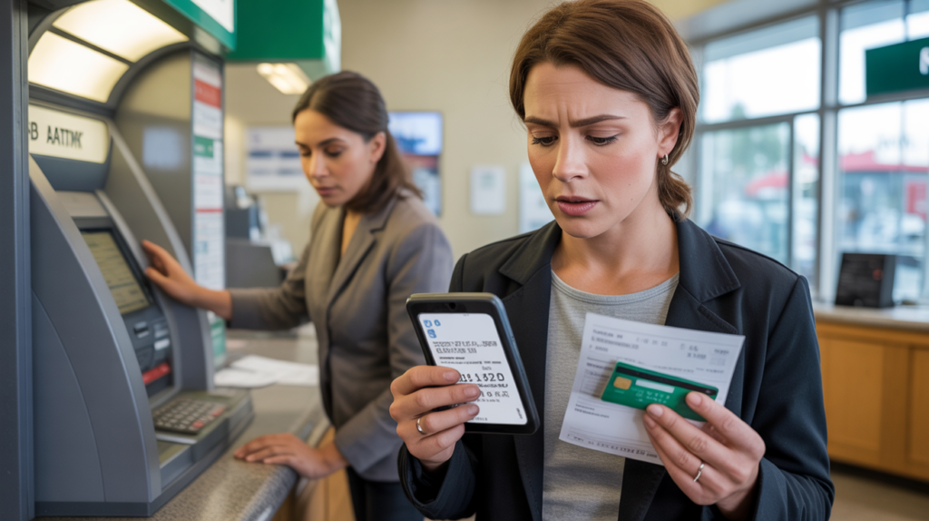 Scène réaliste dans une banque où un client confus vérifie un retrait annulé mais débité, assisté par un employé.
