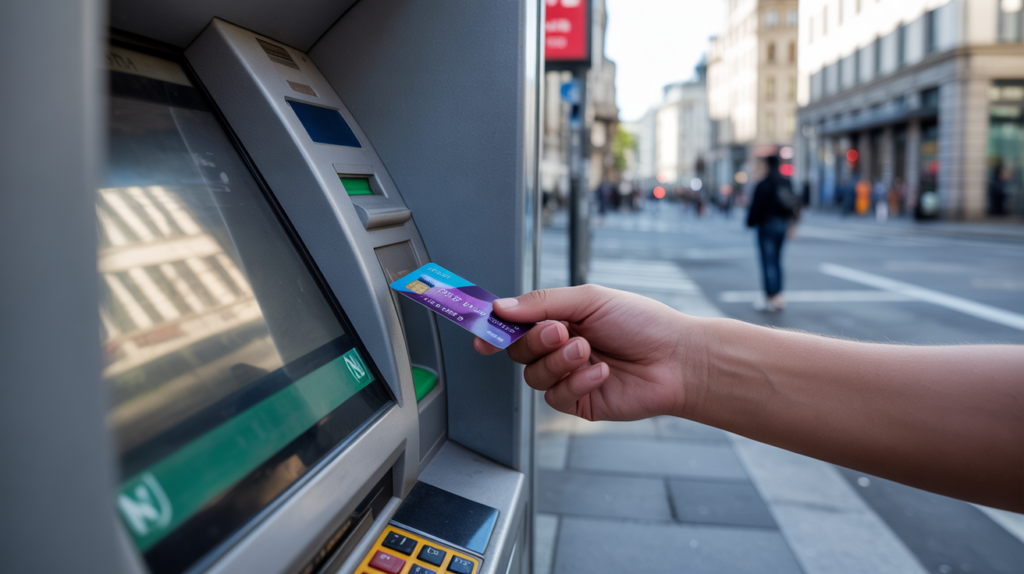 Personne utilisant une carte prépayée pour retirer de l’argent à un distributeur dans une rue urbaine réelle.