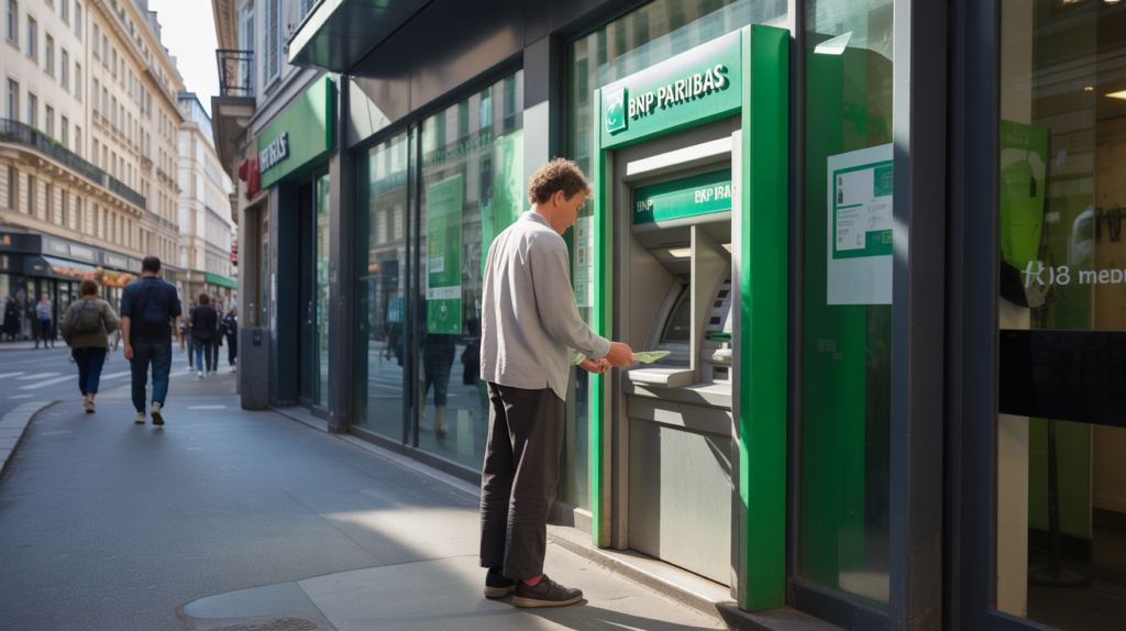 Scène de rue réaliste montrant une personne retirant de l’argent à un distributeur BNP Paribas devant une agence.