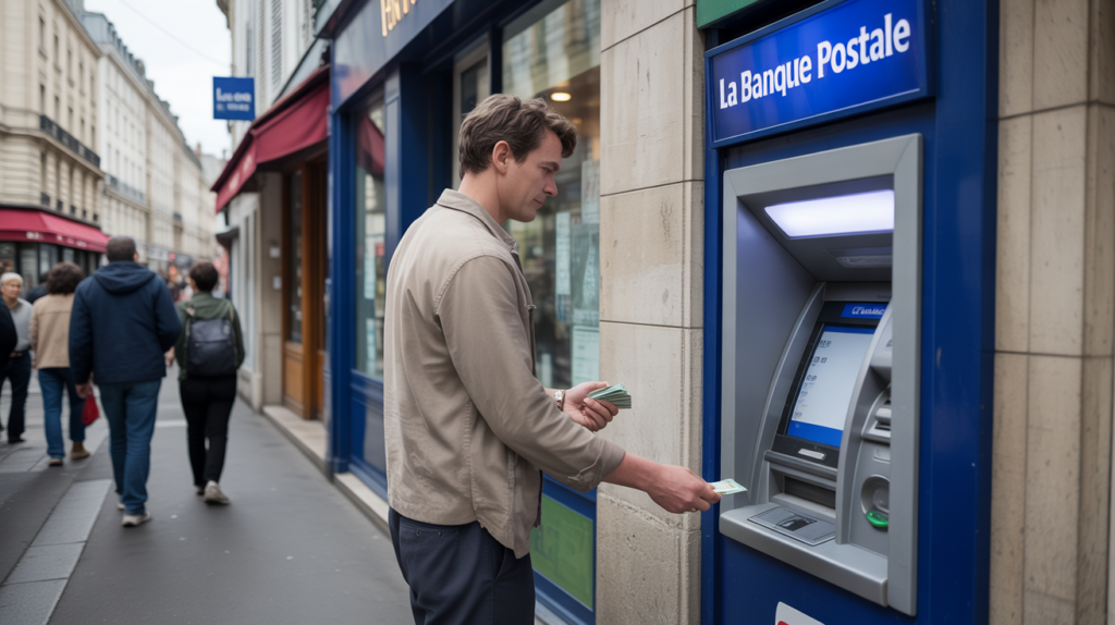 Scène réaliste devant un distributeur de La Banque Postale où une personne retire de l'argent dans une rue française authentique, avec couleurs vives et détails naturels.