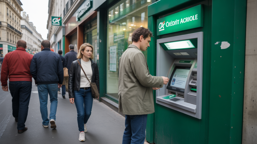 Client utilisant un distributeur Crédit Agricole devant une agence réelle, dans une scène de rue authentique et vivante.