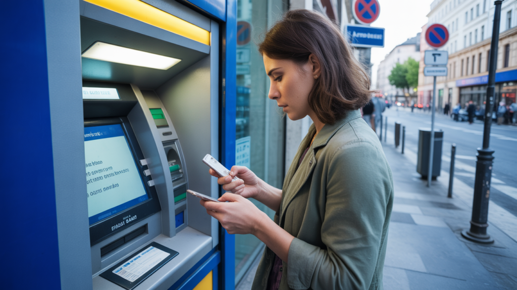 Personne inquiète devant un distributeur bancaire réel après un retrait non distribué, scène de rue authentique.