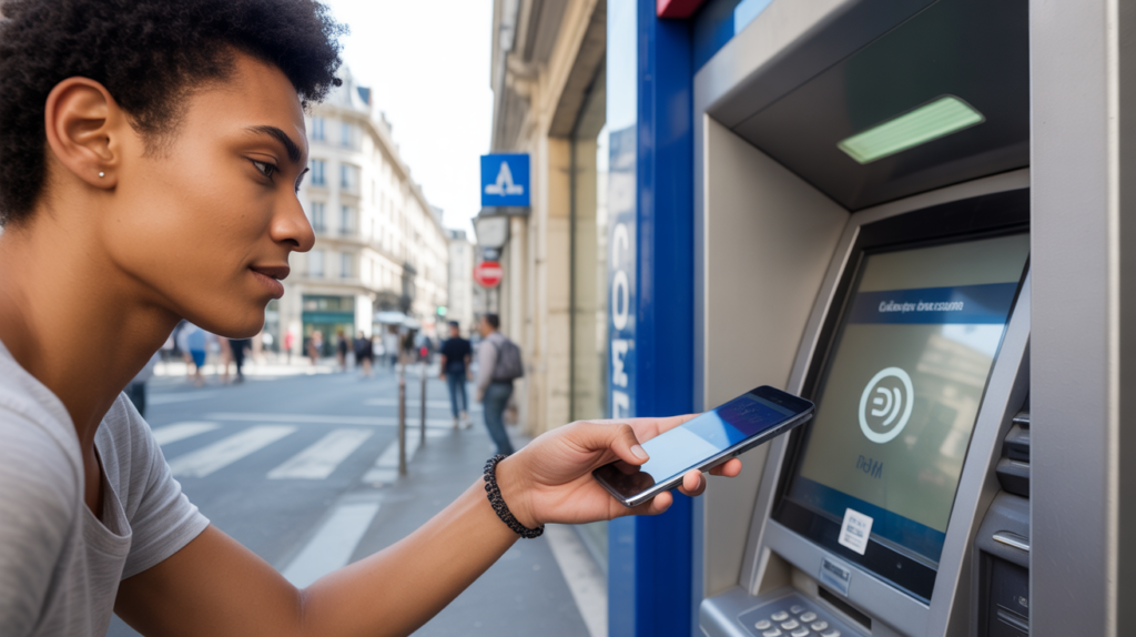 Personne utilisant un smartphone en NFC pour retirer de l’argent sans contact à un distributeur automatique dans une rue française réelle.