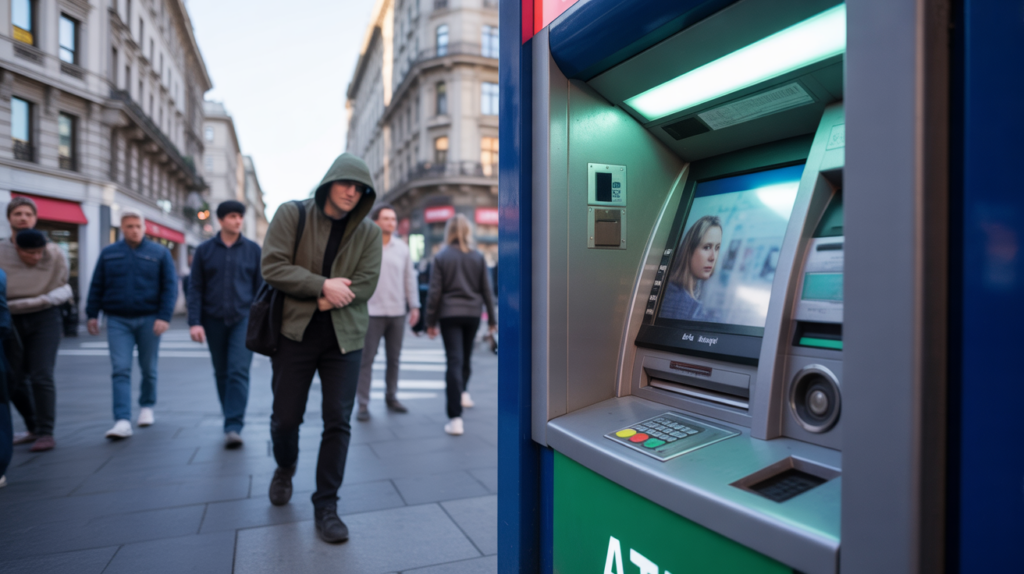 Scène réaliste d’un distributeur automatique en ville avec un dispositif suspect discret et un individu observant à distance, illustrant les risques de piratage en 2026.