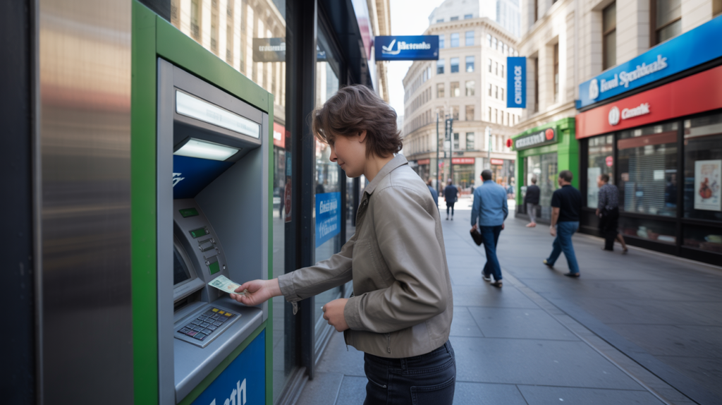 Personne retirant de l’argent à un distributeur automatique devant une vraie agence bancaire en ville, avec une scène de rue réaliste et des détails authentiques.