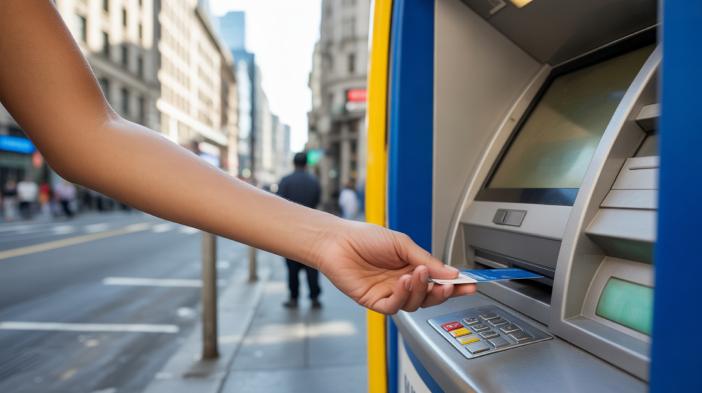 Personne utilisant un distributeur bancaire en rue avec un dispositif de skimming discretement posé.
