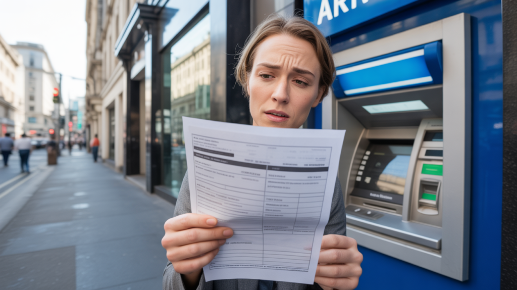 Personne consultant un relevé bancaire devant un distributeur automatique dans une rue urbaine réaliste