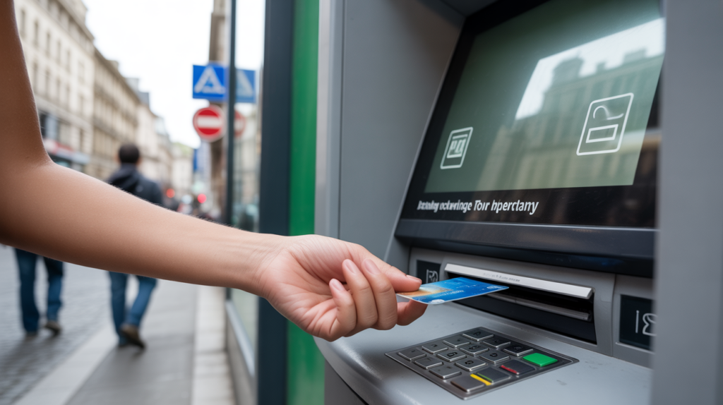 Personne utilisant un distributeur automatique de billets dans une scène de rue réaliste avec des détails authentiques.