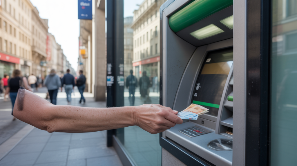Personne retirant de l’argent à un distributeur automatique en pleine rue dans une scène urbaine réaliste.